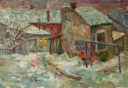 Beautiful bright colors  winter Original Oil Painting of street  On Canvasの写真素材
