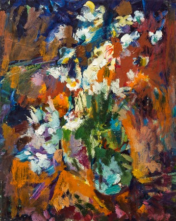 Beautiful Original Oil Painting lowers in a vase in bright orange colors of red and blue  On Canvasの写真素材
