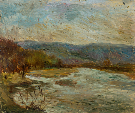 Beautiful Original Oil Painting of autumn landscape in dull tones On Canvasの写真素材