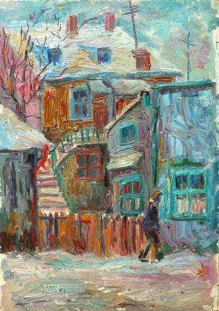 Beautiful bright colors  winter Original Oil Painting ofman walking on the street On Canvasの写真素材