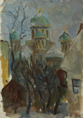 Beautiful Original Oil Painting winter landscape with houses in the snow, wood church, in pastel tones On Canvas withの写真素材