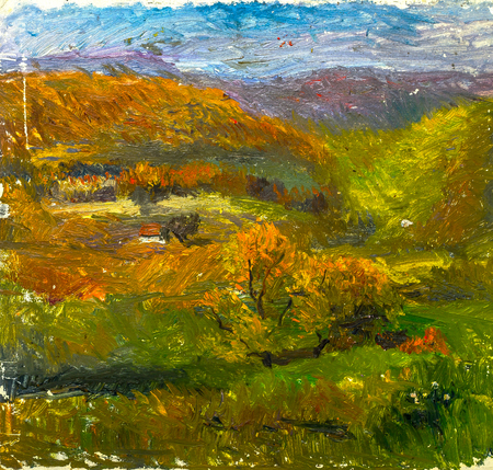 Beautiful Original Oil Painting of autumn landscape at sunset  On Canvasの写真素材