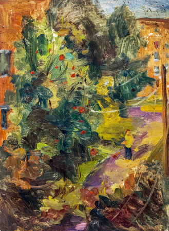 Beautiful Original Oil Painting with Autumn yard with buildings, trees growing near them and a guy walkingの写真素材