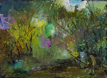 Beautiful Original Oil Painting with enchanting landscape, river reeds trees, impressionism style green light green and pink colorsの写真素材