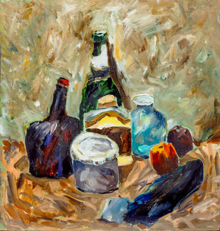 Beautiful Original Oil Painting with bottles, jars, eggplantの写真素材