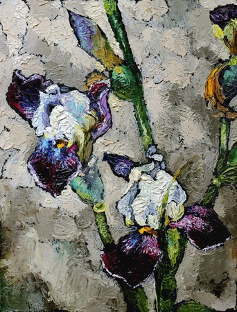 Oil painting still life with  blue violet  irises flowers On  Canvas with  texture in in the grayscaleの写真素材