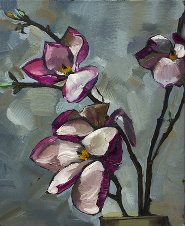 Oil painting still life with  purple  magnolia flowers On  Canvas with  texture  in the grayscaleの写真素材