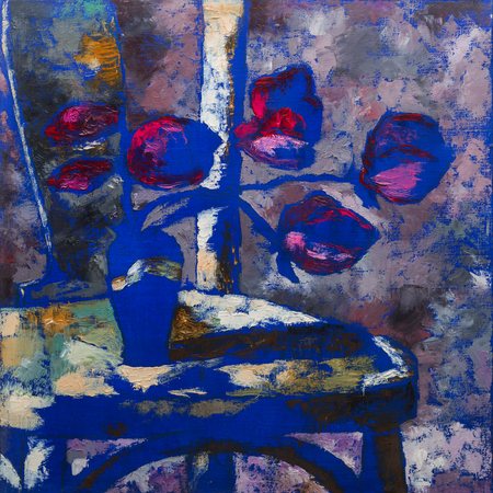 Oil painting still life with  purple  magnolia flowers On  Canvas with  texture  in the grayscaleの写真素材