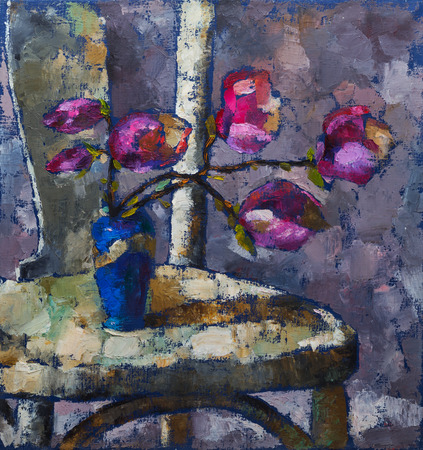Oil painting still life with  purple  magnolia flowers On  Canvas with  texture  in the grayscaleの写真素材