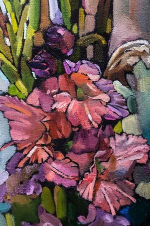 Oil painting still life with  irises flowers On  Canvas with  texture in in the grayscaleの写真素材