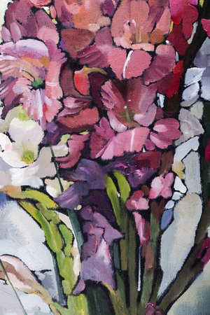 Oil painting still life with  irises flowers On  Canvas with  texture in in the grayscaleの写真素材