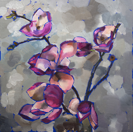 Oil painting still life with  purple  magnolia flowers On  Canvas with  texture  in the grayscaleの写真素材