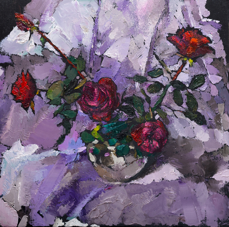 Oil painting still life with  red roses flowers On  Canvas with  texture  in pink tonesの写真素材