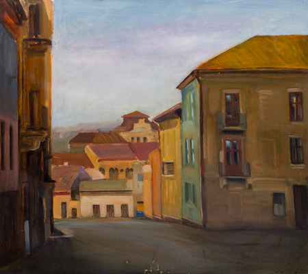 Beautiful Original Oil Painting Landscape On Canvas with houses on the streetの写真素材