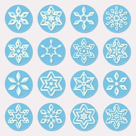 Set of Sixteen Blue Shades Snowflake Ornaments Christmas Design Elements Abstract Backgroundのイラスト素材