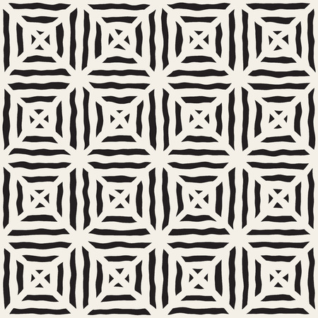 Vector Seamless Black And White Hand Drawn Diagonal Lines Grid Pattern. Abstract Freehand Background Designのイラスト素材