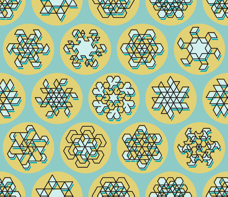 Vector Seamless Line Art Stroke Offset Geometric Teal  Snowflake Shape on Yellow Circle Abstract...