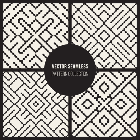 Set of Four Vector Seamless Black And White Ethnic Geometric Ornamental Line Pattern Abstract Backgroundのイラスト素材