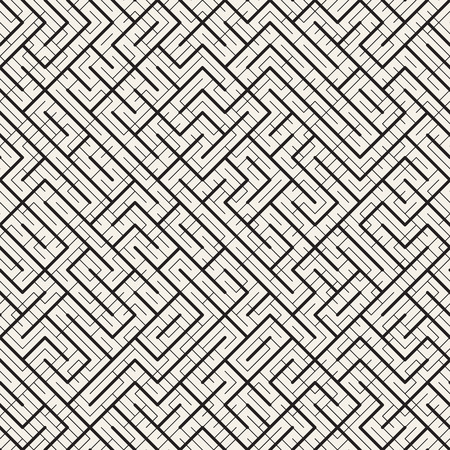 Irregular Techno Maze Lines. Abstract Geometric Background Design. Vector Seamless Black and White Chaotic Pattern.のイラスト素材