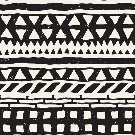 Hand drawn painted seamless pattern. Vector tribal design background. Ethnic motif. Geometric ethnic stripe lines illustration. Black and white colors. For art prints, textile, wallpaper, wrapping paper.のイラスト素材