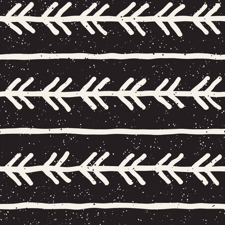 Hand drawn black and white ink abstract seamless pattern. Vector stylish grunge texture. Monochrome geometric shappes paint brush linesのイラスト素材