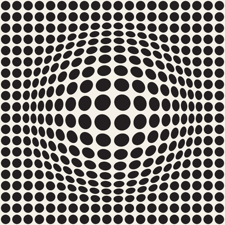 Halftone bloat effect optical illusion. Abstract geometric background design. Vector seamless retro black and white pattern.のイラスト素材