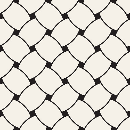 Vector geometric seamless pattern with curved shapes grid. Abstract monochrome rounded lattice texture. Modern textile background designのイラスト素材