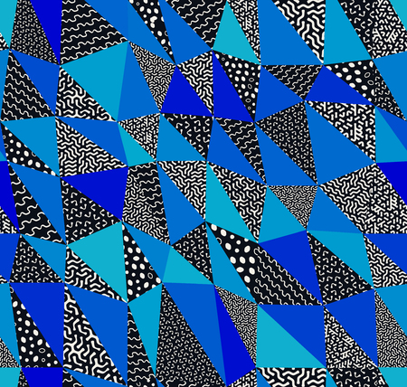 Seamless collage of Memphis quilt patterns in black, gray and blue.