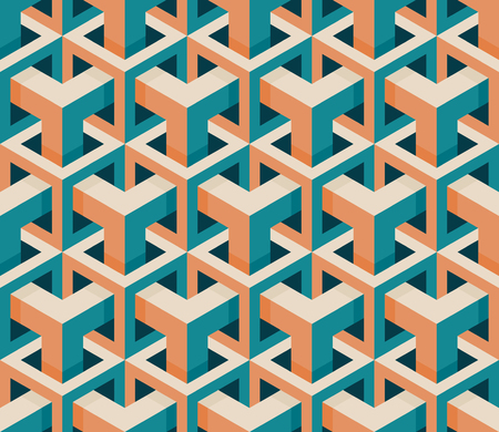 Vector Seamless Isometric Hexagonal Cube Structure  Vintage Pattern in Pink and Teal Abstract Backgroundのイラスト素材