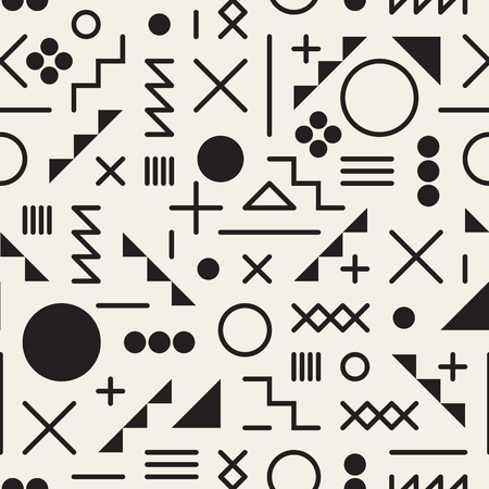 Vector Seamless Black and White Retro 80's Jumble Geometric Line Shapes Hipster Pattern Abstract Backgroundのイラスト素材
