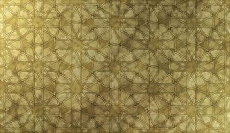 Background design based on traditional oriental graphic motifs. Islamic decorative pattern with golden artistic texture. Arabian ethnic mosaic with interlacing lines and geometric tiled ornaments.の写真素材