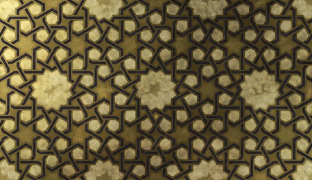 Background design based on traditional oriental graphic motifs. Islamic decorative pattern with golden artistic texture. Arabian ethnic mosaic with interlacing lines and geometric tiled ornaments.の写真素材