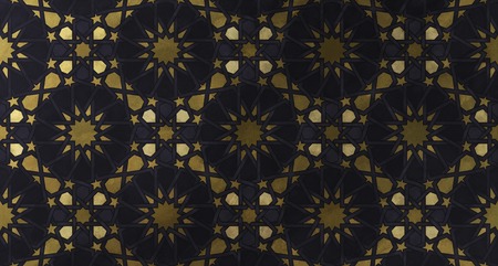 Background design based on traditional oriental graphic motifs. Islamic decorative pattern with golden artistic texture. Arabian ethnic mosaic with interlacing lines and geometric tiled ornaments.の写真素材