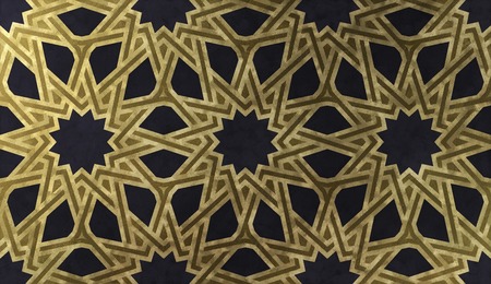 Background design based on traditional oriental graphic motifs. Islamic decorative pattern with golden artistic texture. Arabian ethnic mosaic with interlacing lines and geometric tiled ornaments.の写真素材