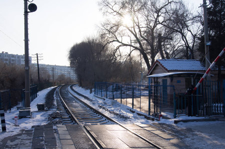Rail Road at beijing china winter snowの写真素材