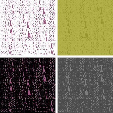 Seamless texture based on the printed stamps lodges, Native American dwellings surrounded by treesのイラスト素材