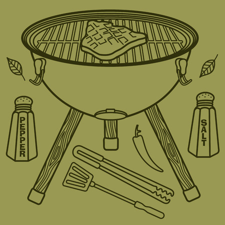 Vector illustration of the grill and barbecue beef, pork and chicken, grilled image ovens, barbecue tools and vegetables.のイラスト素材