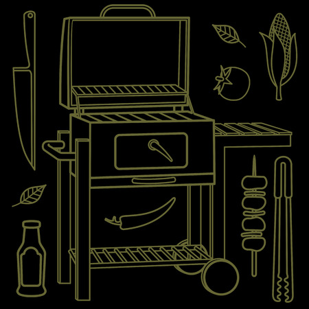 Vector illustration of the grill and barbecue beef, pork and chicken, grilled image ovens, barbecue tools and vegetables.のイラスト素材