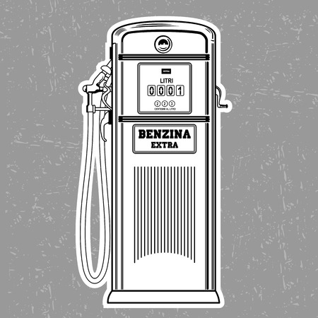 Red scooter at a gas station. Old, stylish gas station, red.のイラスト素材