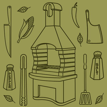 Vector illustration of the grill and barbecue beef, pork and chicken, grilled image ovens, barbecue tools and vegetables.のイラスト素材