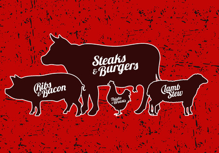 Vector illustration of beef, pork, lamb and chicken, vegetables image, bread, drinks and cooking tools.のイラスト素材