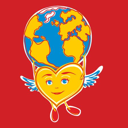 heart with wings holding a globeのイラスト素材