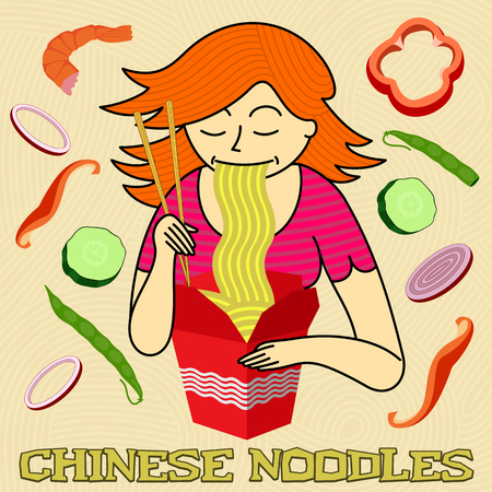 Red-haired girl eats appetizing Chinese noodles out of the box, surrounded by diced vegetables.のイラスト素材