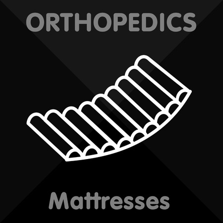 Icons in a linear style on "Orthopedics" - shoes, mattresses, walkers, wheelchairs, crutches, orthopedic insoles, bandage, corset.のイラスト素材