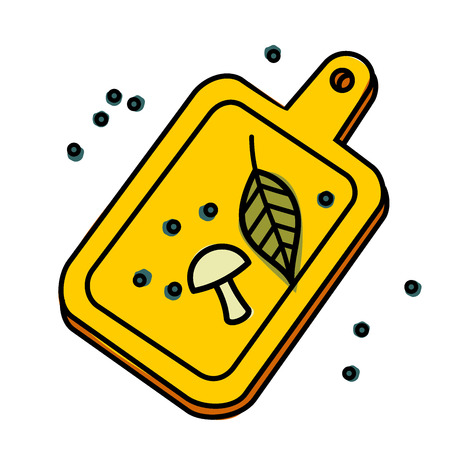 cutting board with mushrooms, bay leaf and pepperのイラスト素材