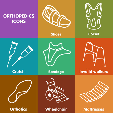 Icons in a linear style on "Orthopedics" - shoes, mattresses, walkers, wheelchairs, crutches, orthopedic insoles, bandage, corset.のイラスト素材