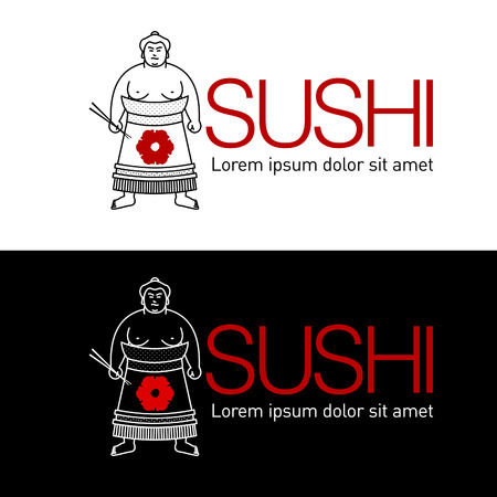 Logo for the sushi bar - a sumo wrestler with chopsticks and cherry sakura kimonoのイラスト素材