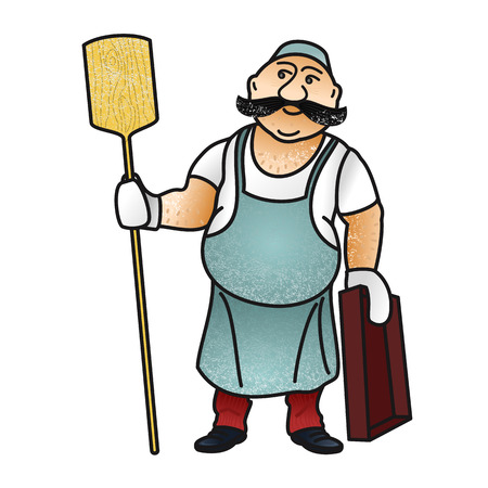 Old, funny baker, sprinkled with flour with a wooden shovel in one hand and a tray of bread in the other.のイラスト素材