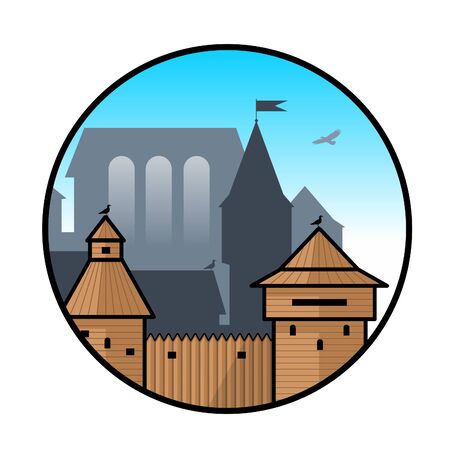 Icon with a wooden fort American pioneers.のイラスト素材