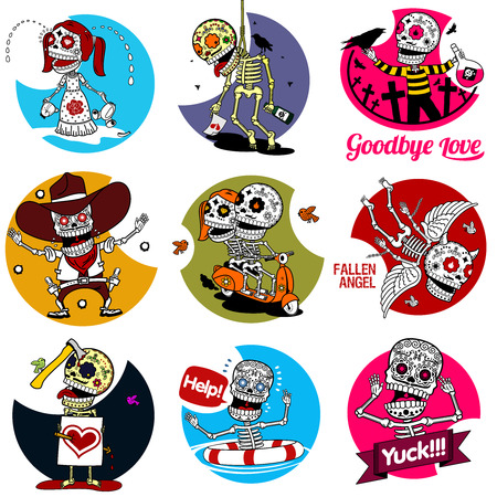 Nine characters skeletons in different situations. There are 4 variants of colors of the characters and backgrounds. All objects and scalable vector.のイラスト素材